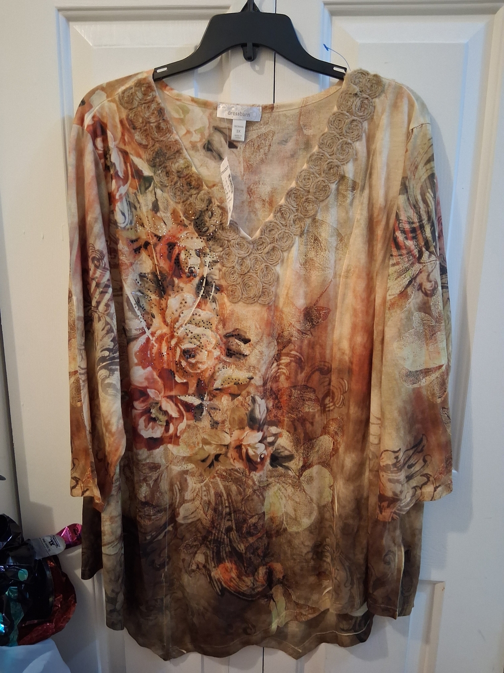 dressbarn Brown Multi Floral V-Neck Embellished Tunic